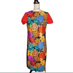 Colorful Floral Midi Dress with Red Sleeves
